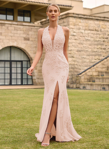 Open Back Halter V-Neck Lace Corset Mermaid Maxi Dress With Beading Slit